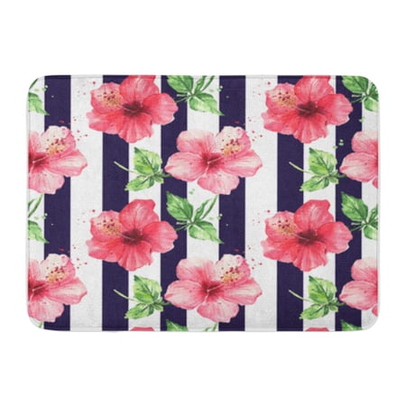 KDAGR Geometric Watercolor Pattern Red Hibiscus Flowers Striped Seamless Black Stripe Doormat Floor Rug Bath Mat 30x18 inch