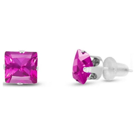 14k White Gold Plated Over Sterling Silver 1 Carat Square Created Pink Sapphire Stud Earrings