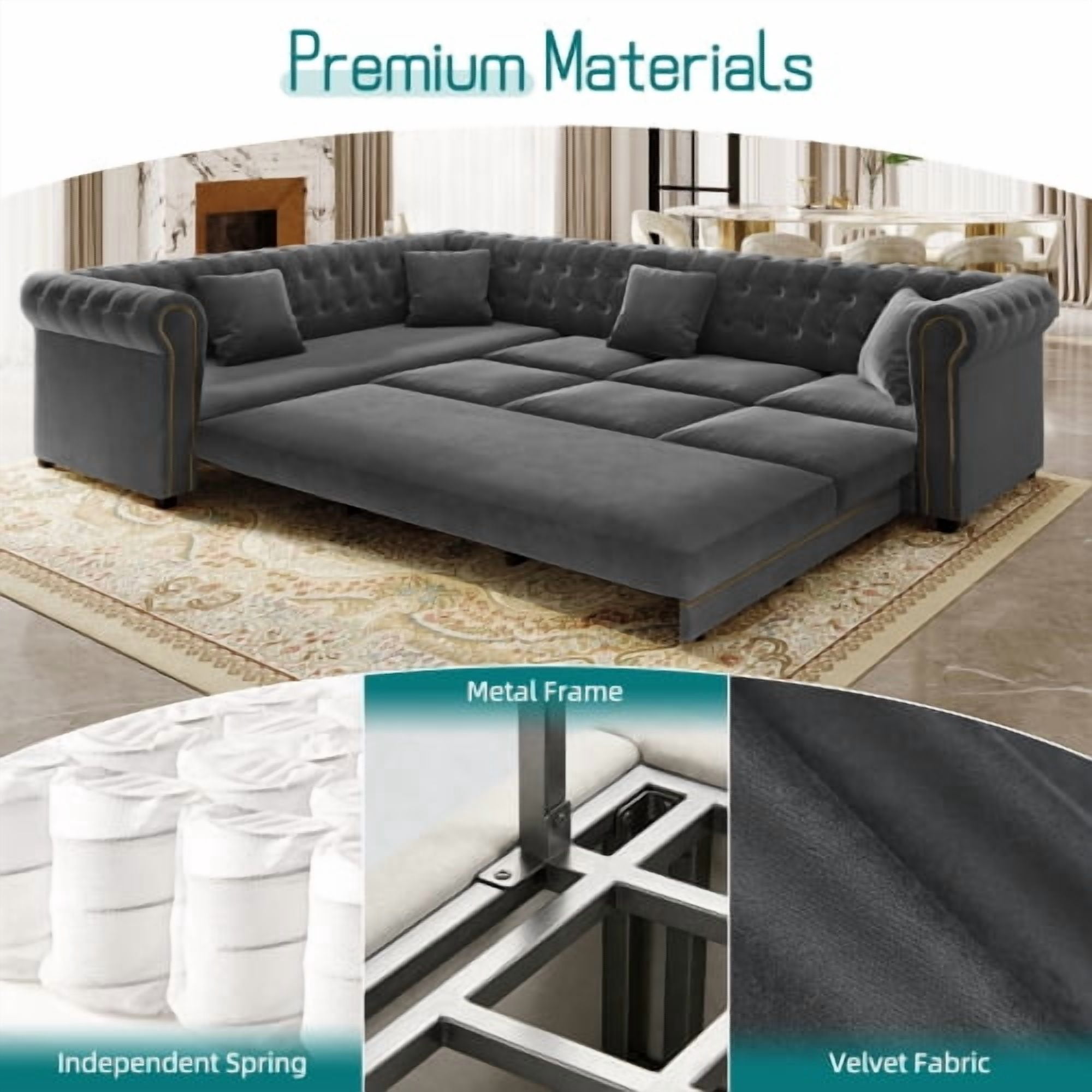 115.3" L-Shaped Velvet Sofa Bed, Button Tufted Pull-Out Sleeper, Gold Trim Rolled Arms, Dark Grey