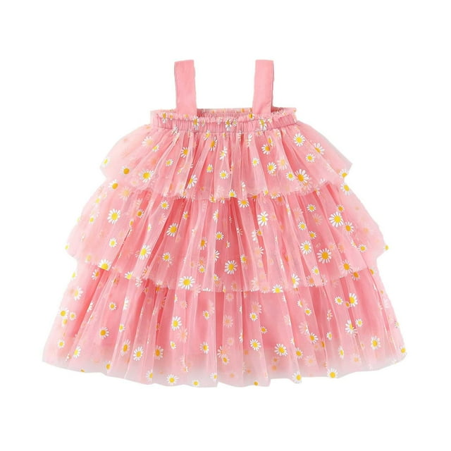 Robes Décontractées pour Filles Tout-Petits Été en Maille Col Carré Sans Manches Robe de Danse Tutu de Fête Tenue de Plage, Rose, 2-3 Ans