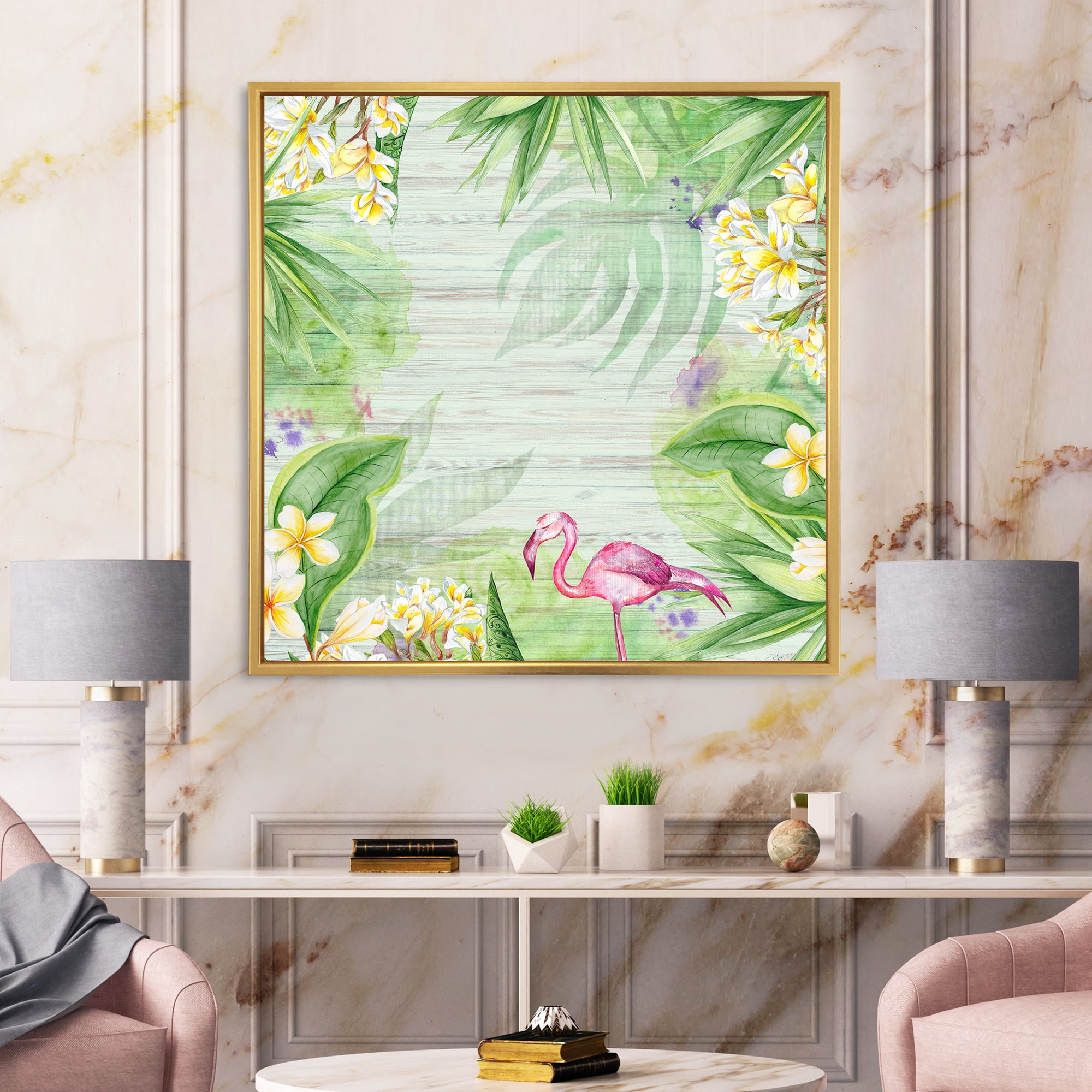 Designart 'Yellow Flowers, Tropical Foliage With Flamingo I' Modern Framed Canvas Wall Art Print