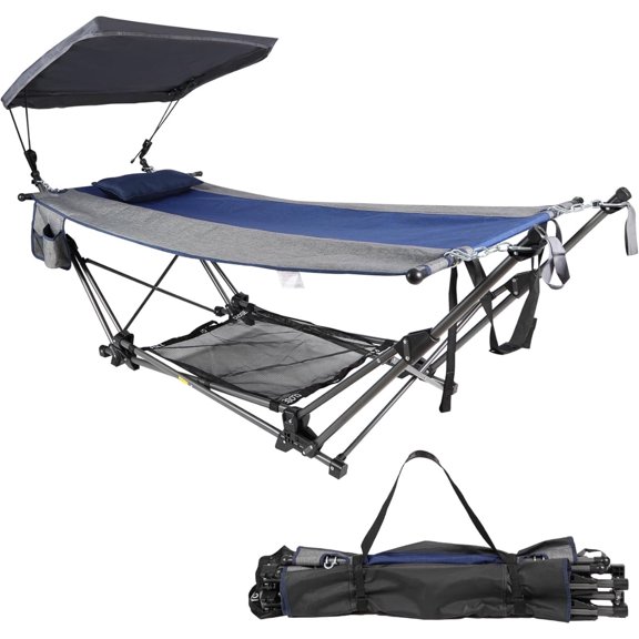 RedSwing Portable Folding Camping Hammock with Stand, Fold Up Hammock with Removable Canopy,Pillow and Storage Net for Adults Outdoor,Backyard,Beach,Garden,Lawn