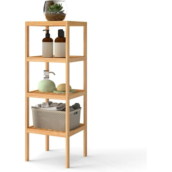 kinbor 4-Tier Bamboo Shelf Narrow Bathroom Shelf Organizer - Flower Plant Stand, Corner Bamboo Rack for Living Room Bathroom Kitchen
