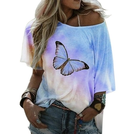 Women's Butterfly Printed Tie Dye Gradient Short Sleeve T Shirt Summer Casual Blouse Tops Women's Butterfly Printed Tie Dye Gradient Short Sleeve T Shirt Summer Casual Blouse Tops