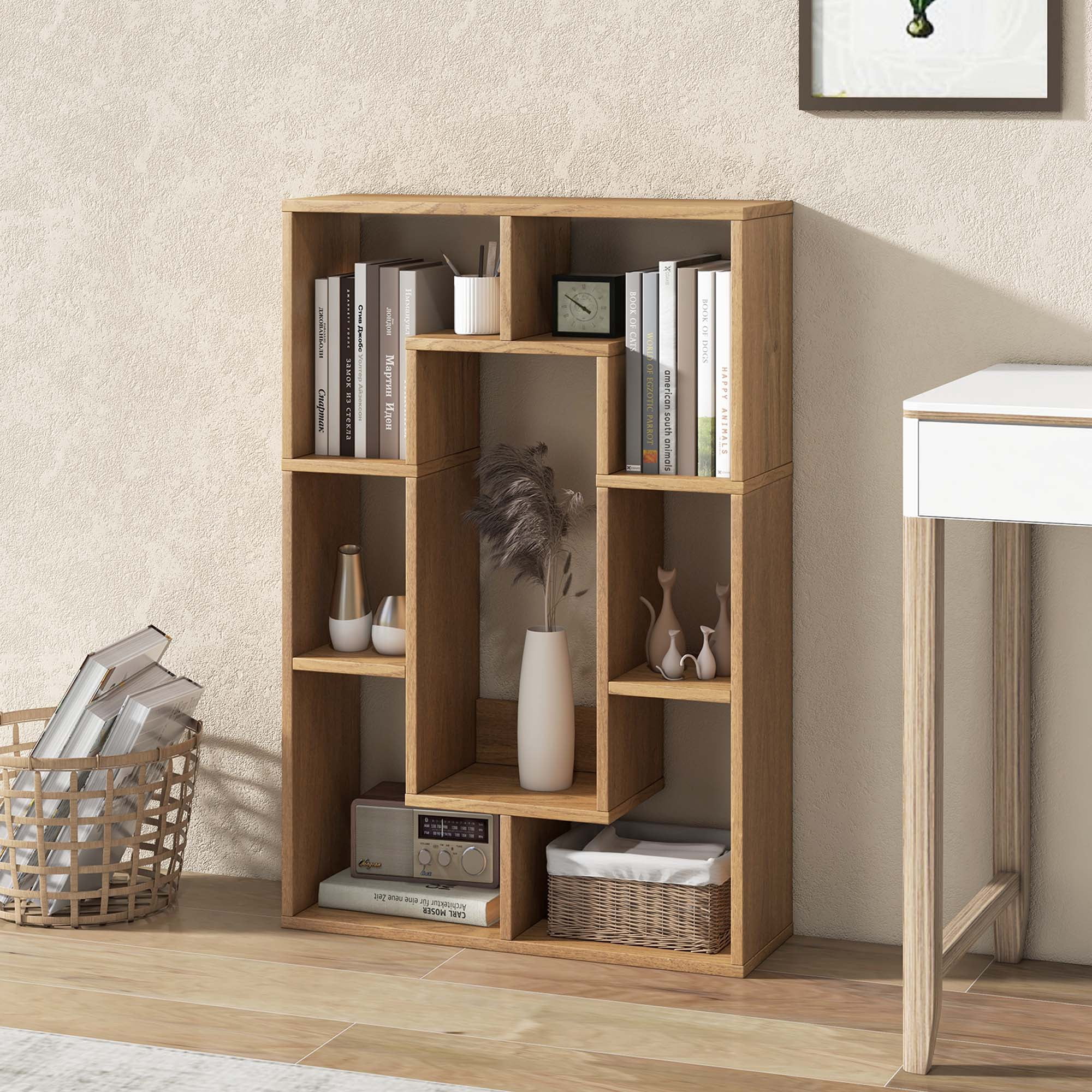 Costway 7-Cube Geometric Bookshelf with Anti-Toppling Device Modern Open Bookcase Natural