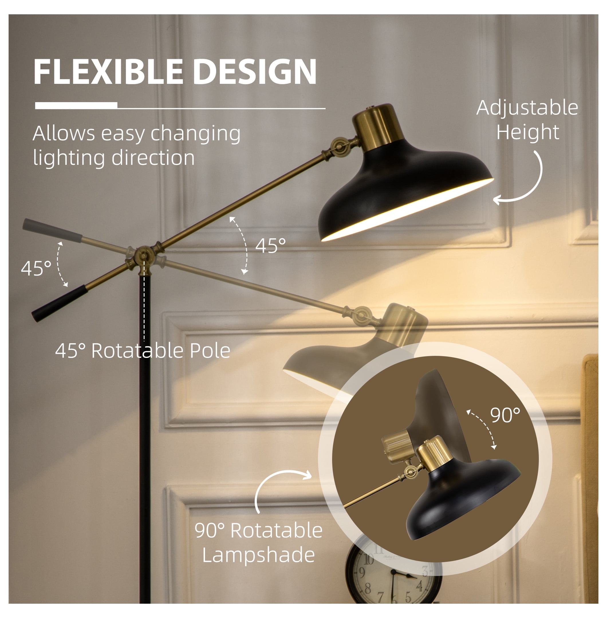 Adjustable Floor Lamps for Living Room, Standing Lamp for Bedroom with Balance Arm, Adjustable Head and Height, Tall Black and Gold Lamp (Bulb not Included)