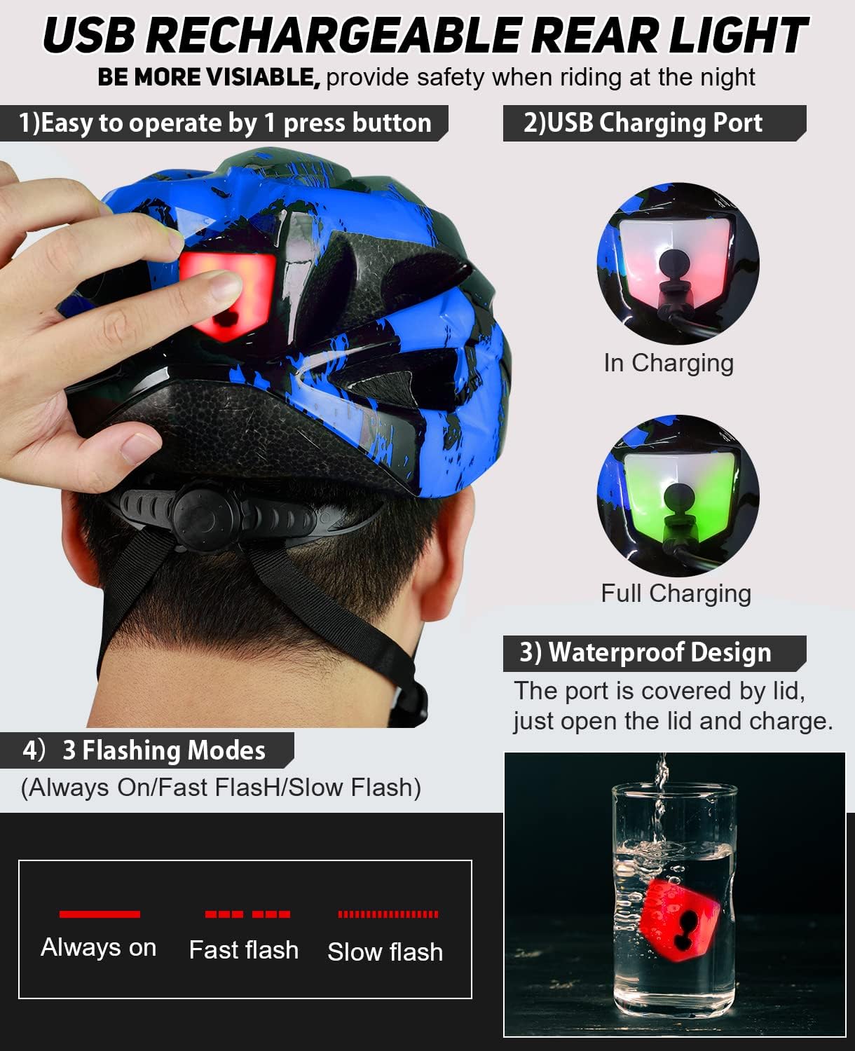 USB Rechargeable LED Light Cycling Helmet with Detachable Goggles and Sun Visor for Mountain & Road Biking