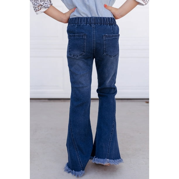 POGLIP Women's Blue Little Girls Distressed Bell Bottom Jeans 