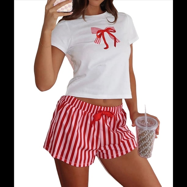 Conjunto de Pijama para Mujer Y2K, Conjunto de Pijama para Niña, Camiseta de Corta, Top Corto Estampado y Pantalones Cortos, Conjunto de Pijama de 2 Piezas. XL