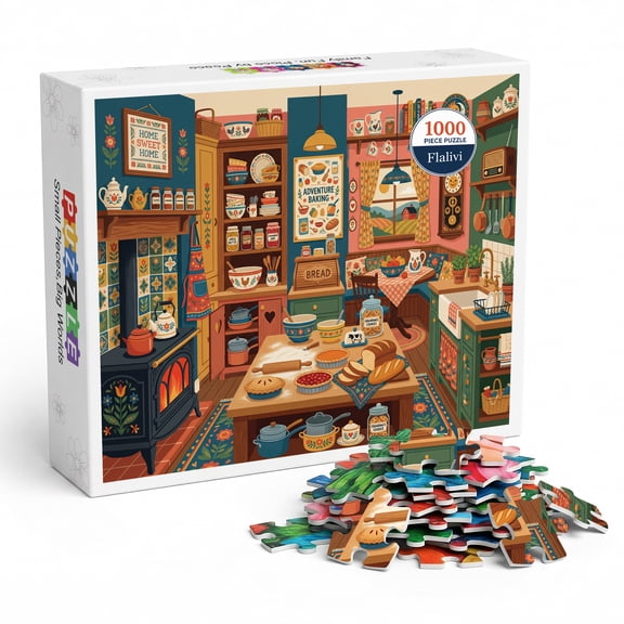 Cozy Country Kitchen Jigsaw Puzzle for Adults 1000 Pieces, Colorful Folk Art Farmhouse Baking Scene Illustration, Premium Thick Cardboard with Matte Finish, Perfect Gift for Home Decor Lovers