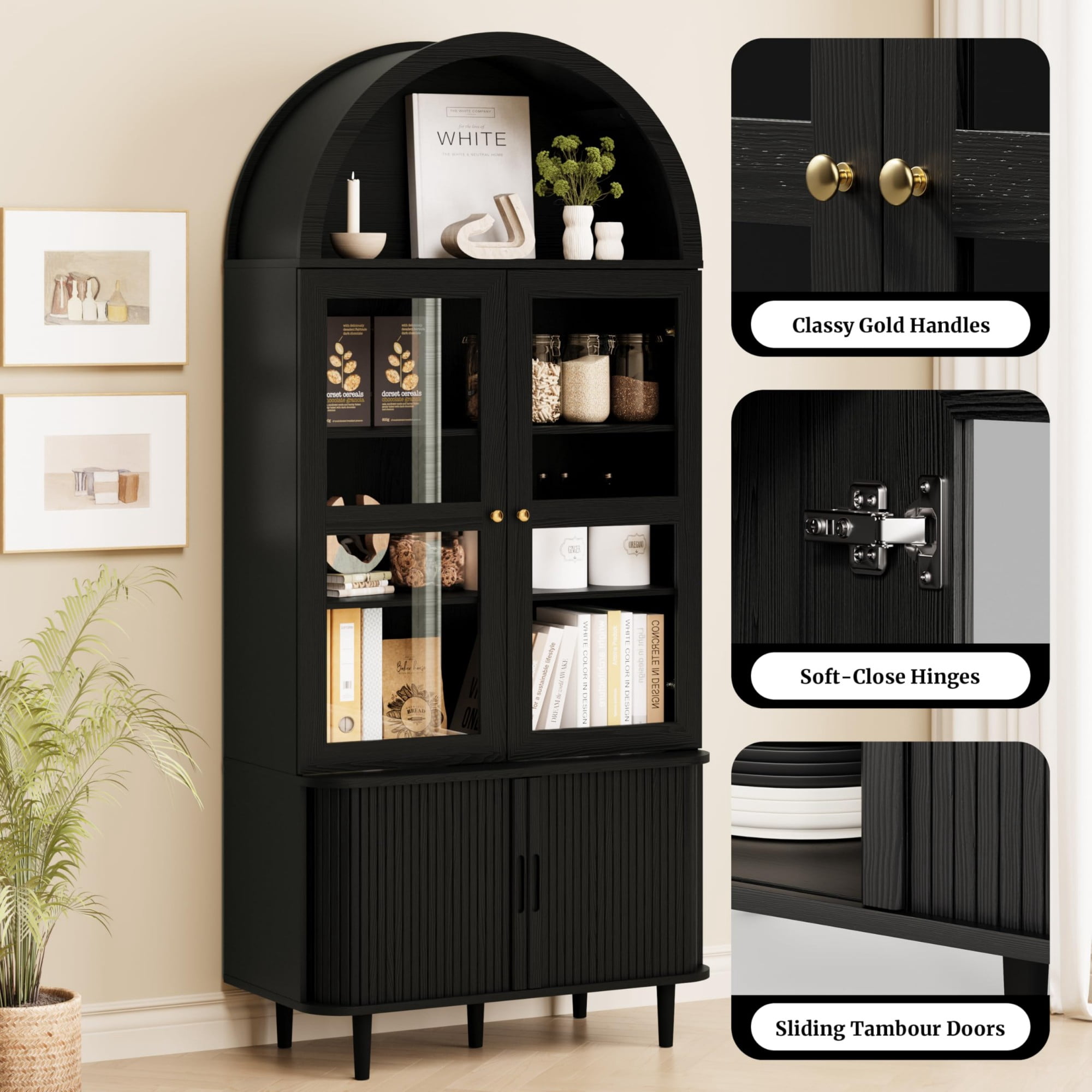 71 Inch Arched Cabinet with Glass Sliding Doors, Fluted Tall Pantry Cabinet with Adjustable Shelves, Black
