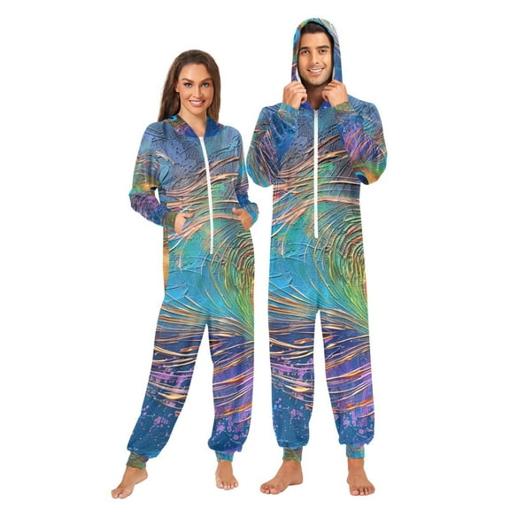 Peacock Feather Adult Onesie Pajamas Slim Fit Christmas One Piece Suit Pjs for Women and Men Hooded Zipper