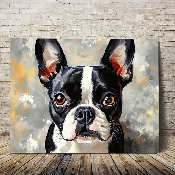 1pc Boston Terrier Canvas Wall Art with Wooden Frame - Expressive Eyes, Warm Toned Background, Ready to Hang - Ideal for Bedroom, Kitchen, Office, or Farmhouse Decor, Dog Decor,