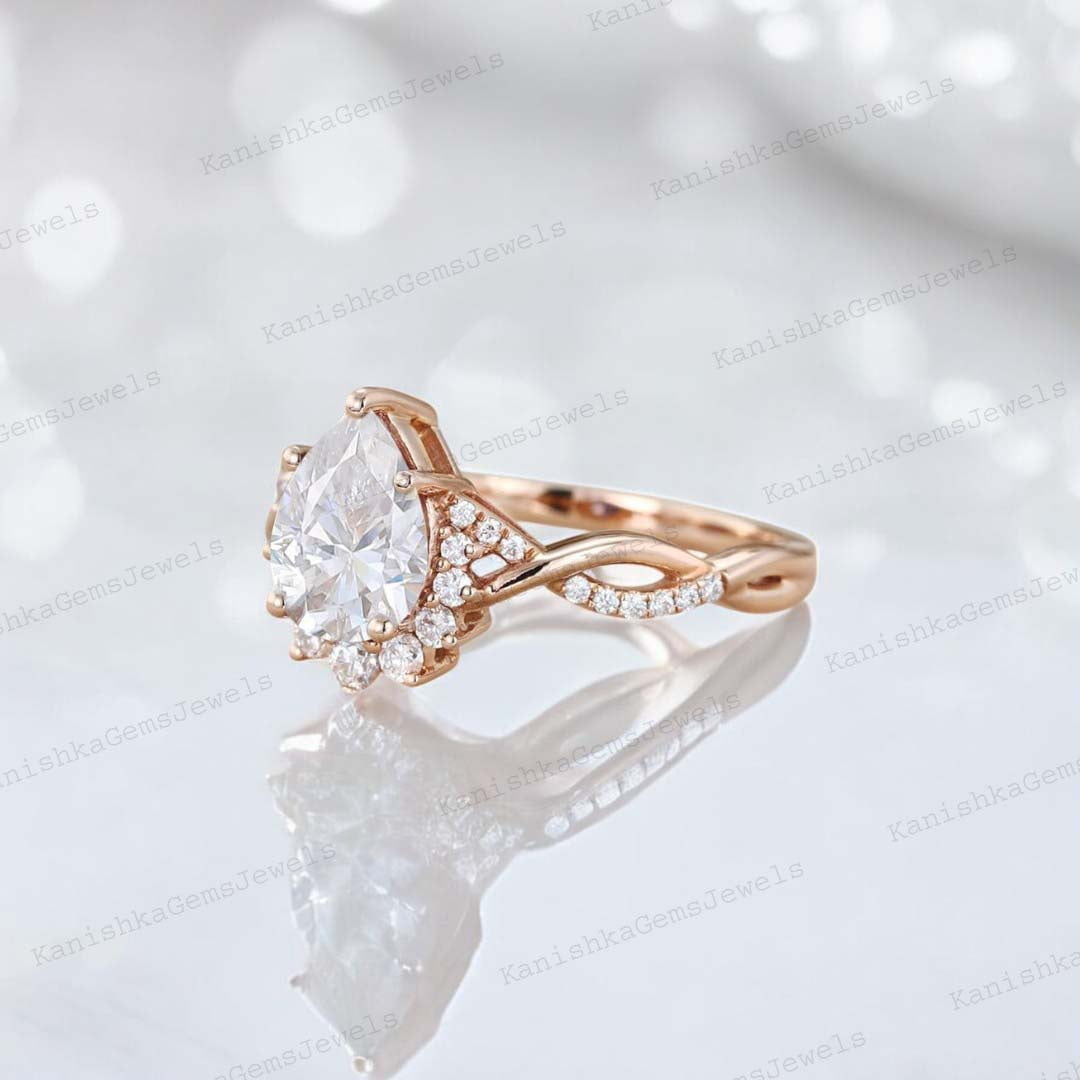 KANISHKAGEMS&JEWELS 7x5MM / 2Ct Pear Moissanite Engagement Ring CZ Diamond Twisted Women Jewelry Half Halo Proposal Ring Birthday Gift For Daughter