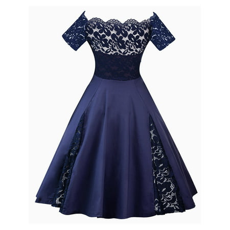 Plus Size Ladies 50s 60s Vinatge Style Swing Dress Short Sleeve Off Shoulder Cocktail Formal Party Evening Ball