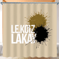 thumbnail image 1 of Modern Tan Shower Curtain with Bold 'LE KOIZ LAKAY' Typography & Artistic Inkblot Design, 1 of 4