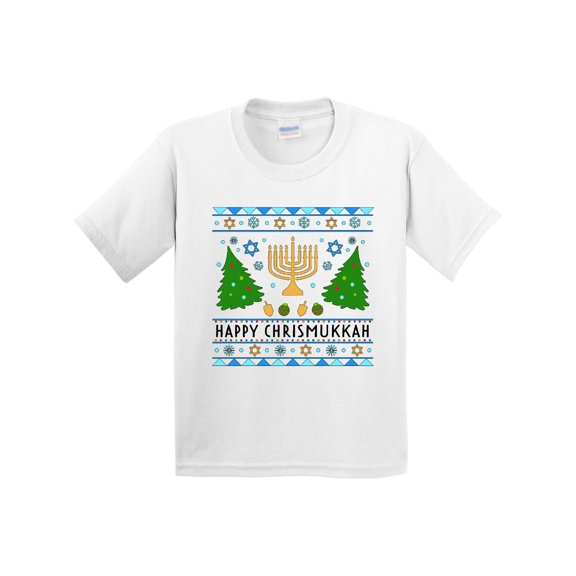 Inktastic Happy Chrismukkah Sweater Style with Menorah and Trees Youth T-Shirt