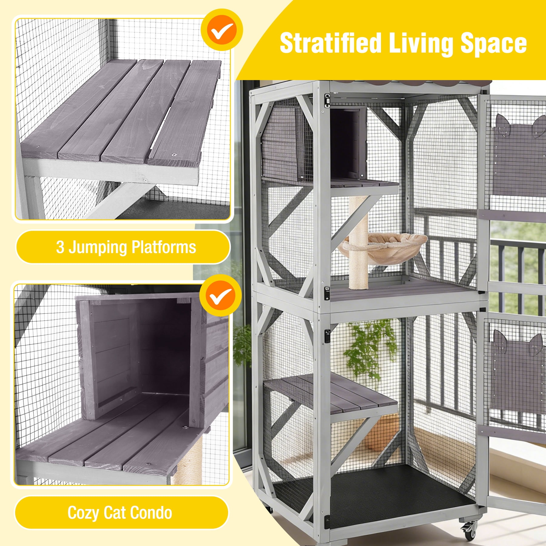 Aivituvin Outdoor Cat Catio Enclosure with Wheels, Movable Outdoor Cat House Cat Cage with Upgraded Resting Box, Waterproof Cover