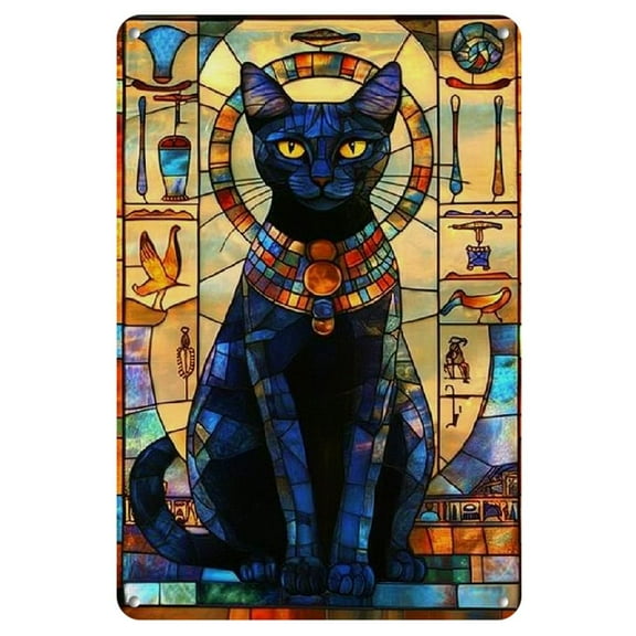 1pc 8x12 Egyptian Bastet Metal Wall Art Sign - Vibrant Stained Glass Style Iron Decor, Featuring Black Cat in Ancient Attire, Ideal for Home & Office, Easy to Install