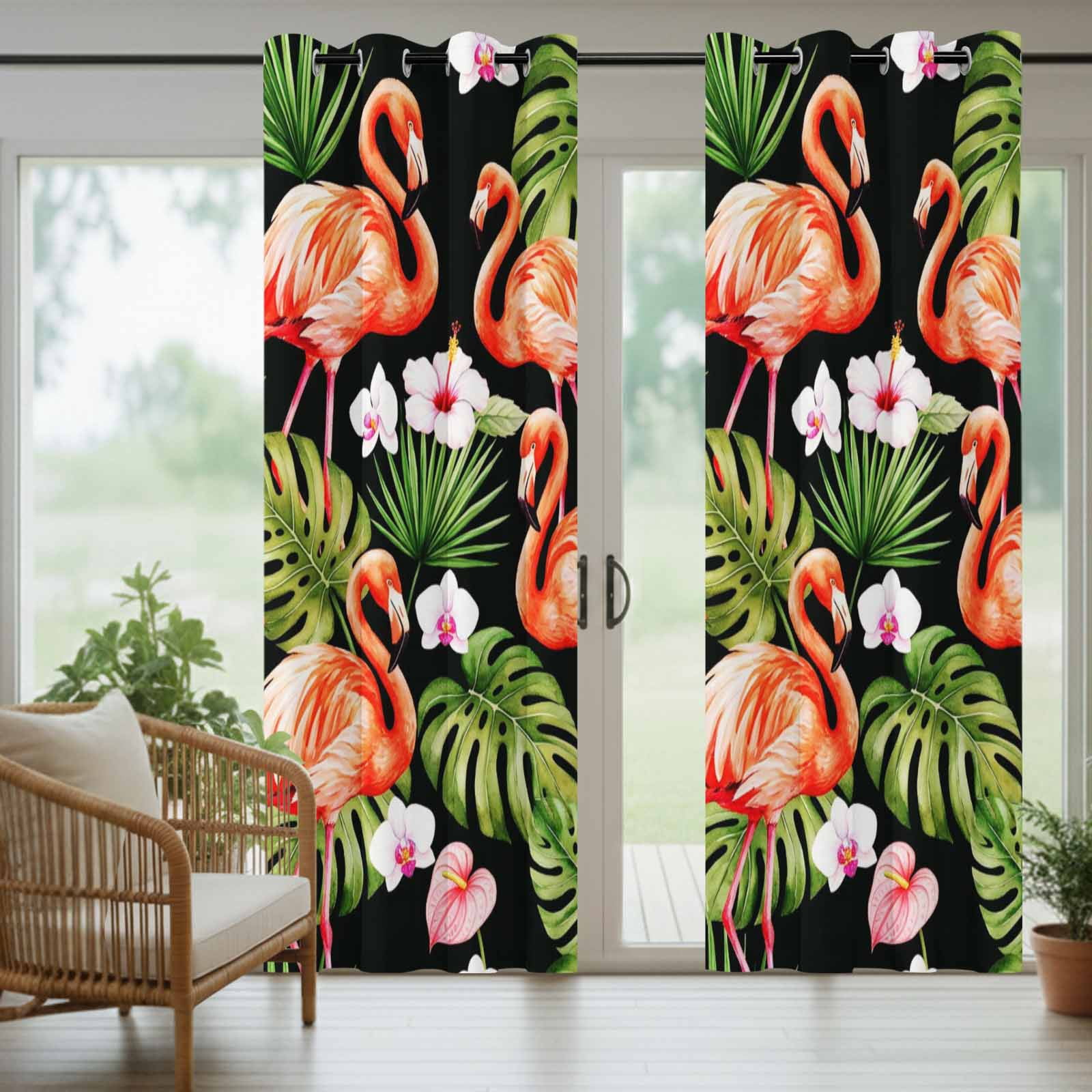 Pink Flamingos Outdoor Curtains for Patio, Green Tropical Leaf Hibiscus Flower Botanical Sunshade Privacy Drapes Grommet Waterproof Outside Curtains for Porch/Cabana/Balcony 54"x 108", 1 Panel