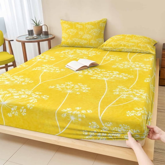 King Size Fitted Sheet Set - Dandelion Flowers 3 Piece Bedding Sets 16" Deep Pocket Fitted Sheet with 2 Pillowcases, Rustic Farmhouse Floral Yellow Brushed Microfiber Hotel Luxury Bed Sheets