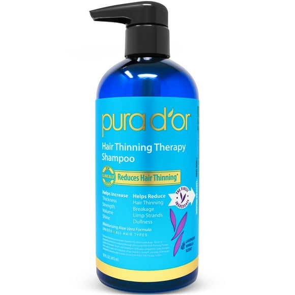 PURA D'OR Shampooing Thérapie pour Cheveux Clairsemés à la Biotine Parfum Vanille Lavande (16 oz) avec Huile d'Argan, Bloqueurs de DHT à Base de Plantes, Sans Sulfates, Ingrédients Naturels pour Hommes et Femmes, Tous Types de Cheveux (Emballage Peut Varier)