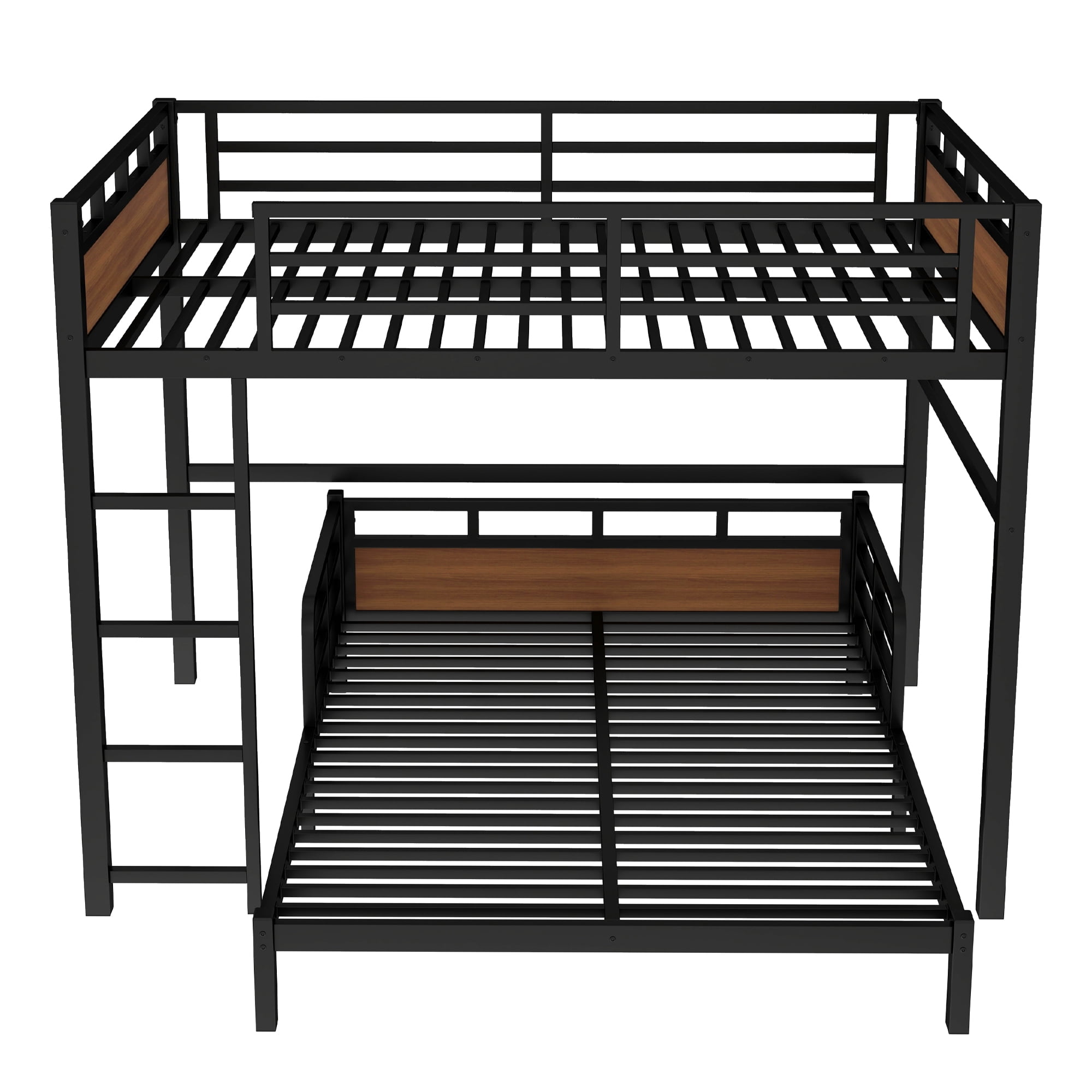 Mintazer Queen Over Queen Metal Bunk Bed, Convertible to 2 Separate Beds, Separable Bunk Bed Frame with Guardrails for Teens Adults, Black & Brown