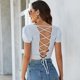 thumbnail image 3 of Mujer ins influencer sexy corto ombligo-baring top de punto cruz hueca sin espalda de manga corta bajo de punto camisa, 3 of 4