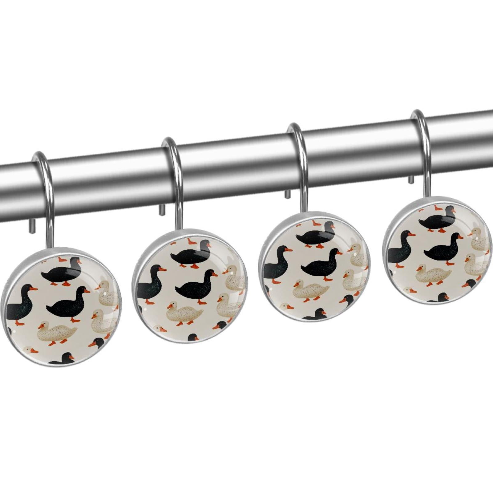 Black and White Indian Runner Ducks Shower Curtain Hooks Round Crystal Glass, Set of 12 Shower Curtain Rings - Shower Hooks for Curtain Shower Rings