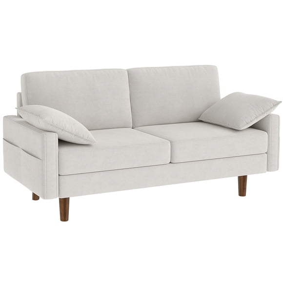 HOMCOM 3 Seater Sofa, 66.5" Velvet Upholstered Couch with 2 Pillows, Cream