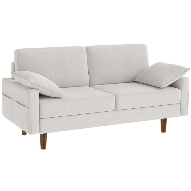 HOMCOM 3 Seater Sofa, 66.5" Velvet Upholstered Couch with 2 Pillows, Cream