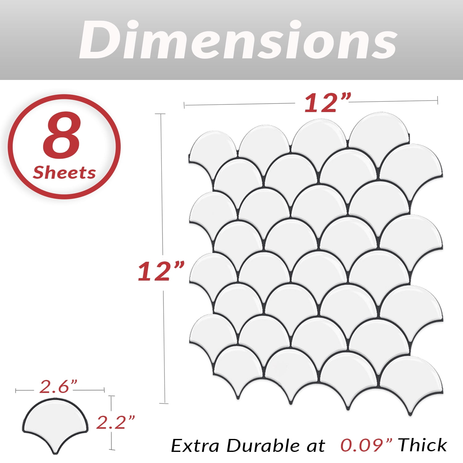Dcor WOW 41001  Peel & Stick Backsplash, (8) 12x12-inch Sheet Covers 8 Sq Ft, White Scallop Back Splash Tile Grey Grout