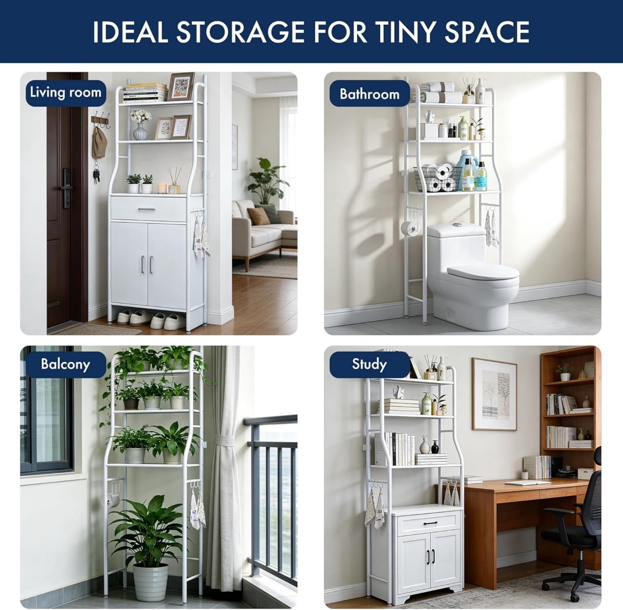3-Tier Over the Toilet Storage Shelf with Adjustable Foot Pads, Anti-Tilt Metal Bathroom Organizer with Paper Holder & 4 Hooks, No Drill Space Saving Toilet Rack