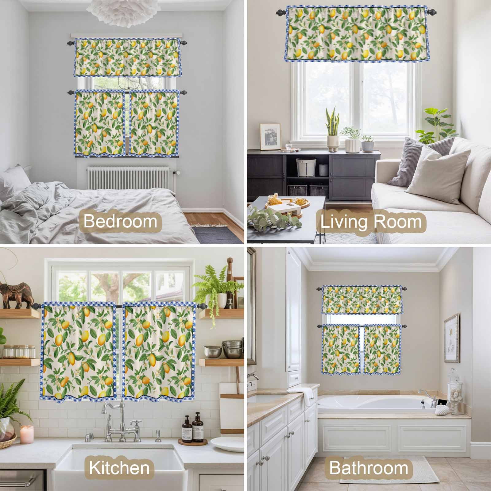 Lemon with Kitchen Curtains Valances 3 Piece Set, Leaves Blue Floral Pattern Linen Style Rod Pocket Tier Curtain and Valance Drapes for Small Window 36 Inch Length for Bedroom Cafe