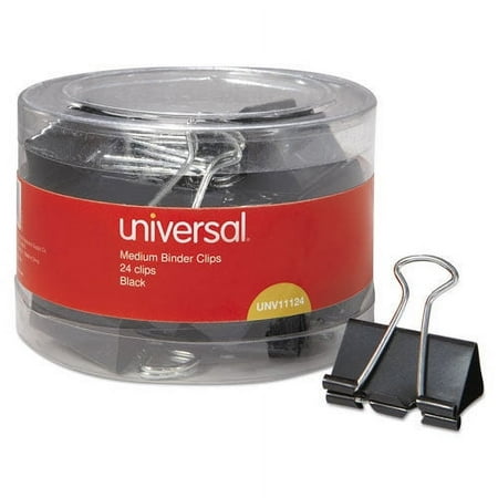 Universal UNV11124 Binder Clips in Dispenser Tub - Medium  Black/Silver (24/Pack)