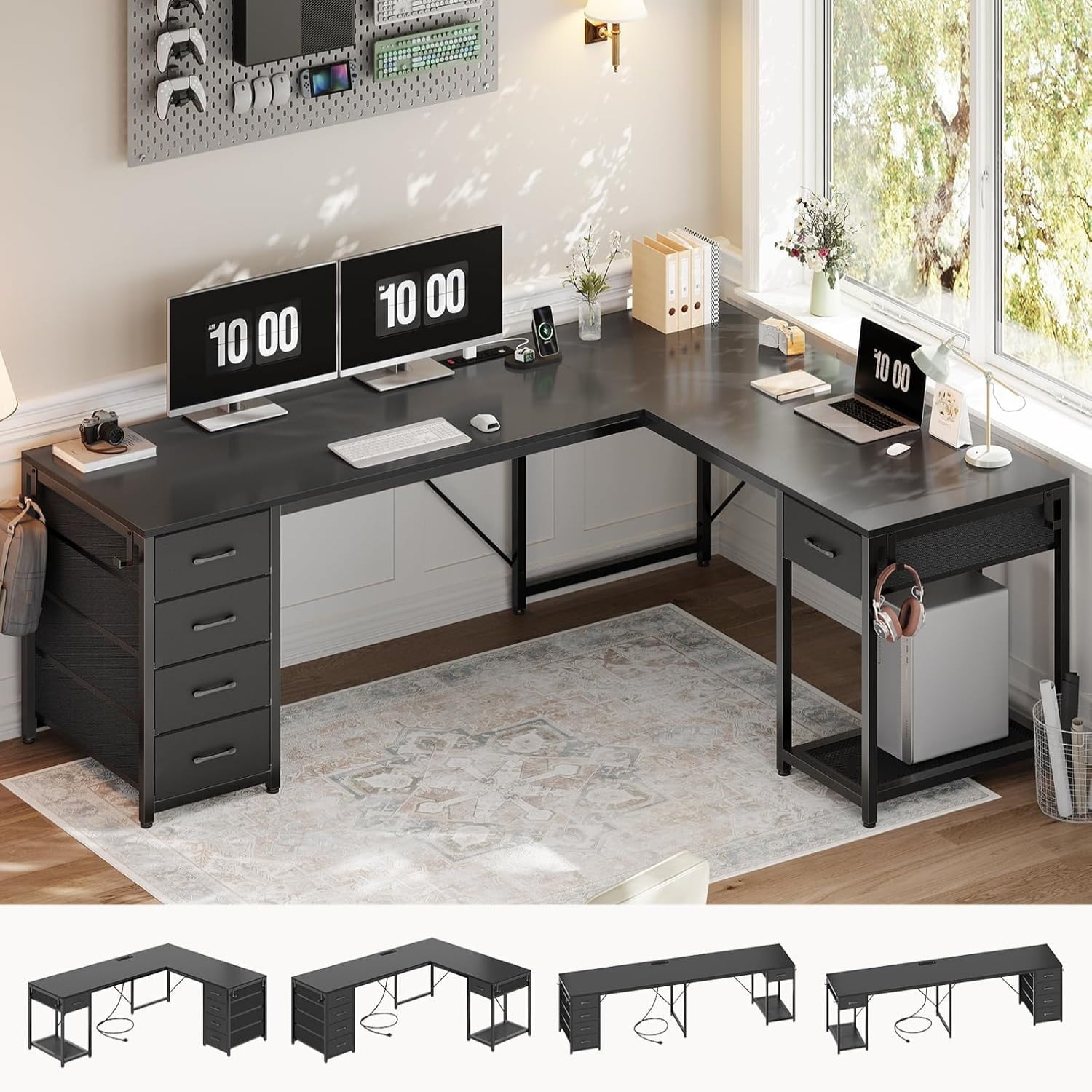 L Shaped Desk with Storage, Two Person Gaming Desk with Power Outlets & Spacious Desktop, Corner Computer Desk with 5 Drawers & Open Shelf, Black