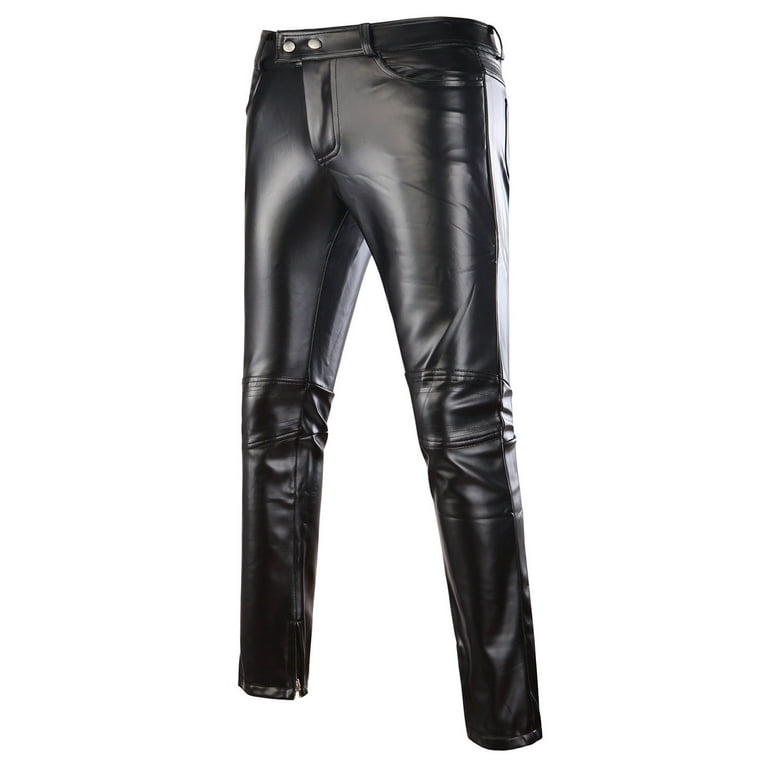 Elainilye Fashion Sweatpants for Men Punk Gothic Slim Fit Pants Solid Color  Casual PU Pants Full Length Pants 