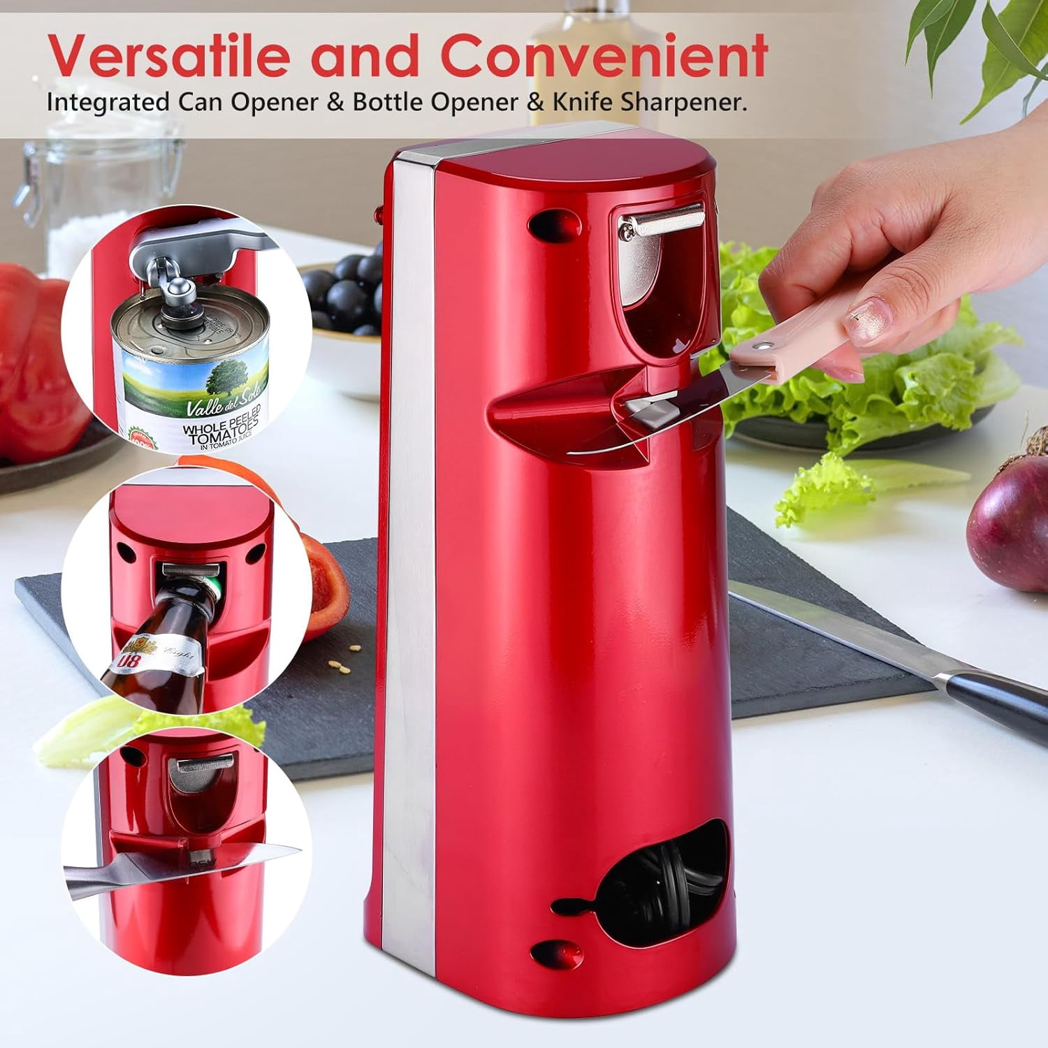 Davivy Electric Can Opener, 3-in-1 Design with Knife Sharpener & Bottle Opener, Red