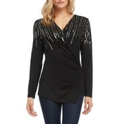 Karen Kane Women's Sequin Print Wrap Top Black Size Large