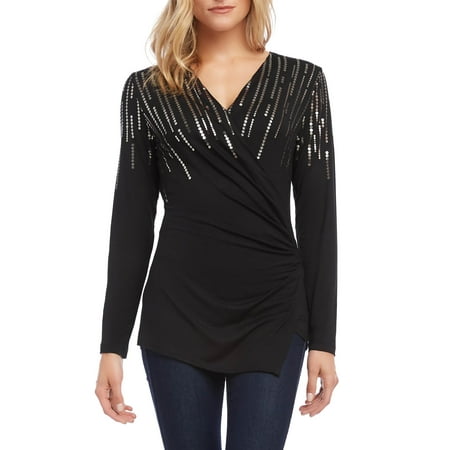 Karen Kane Women's Sequin Print Wrap Top Black Size Large