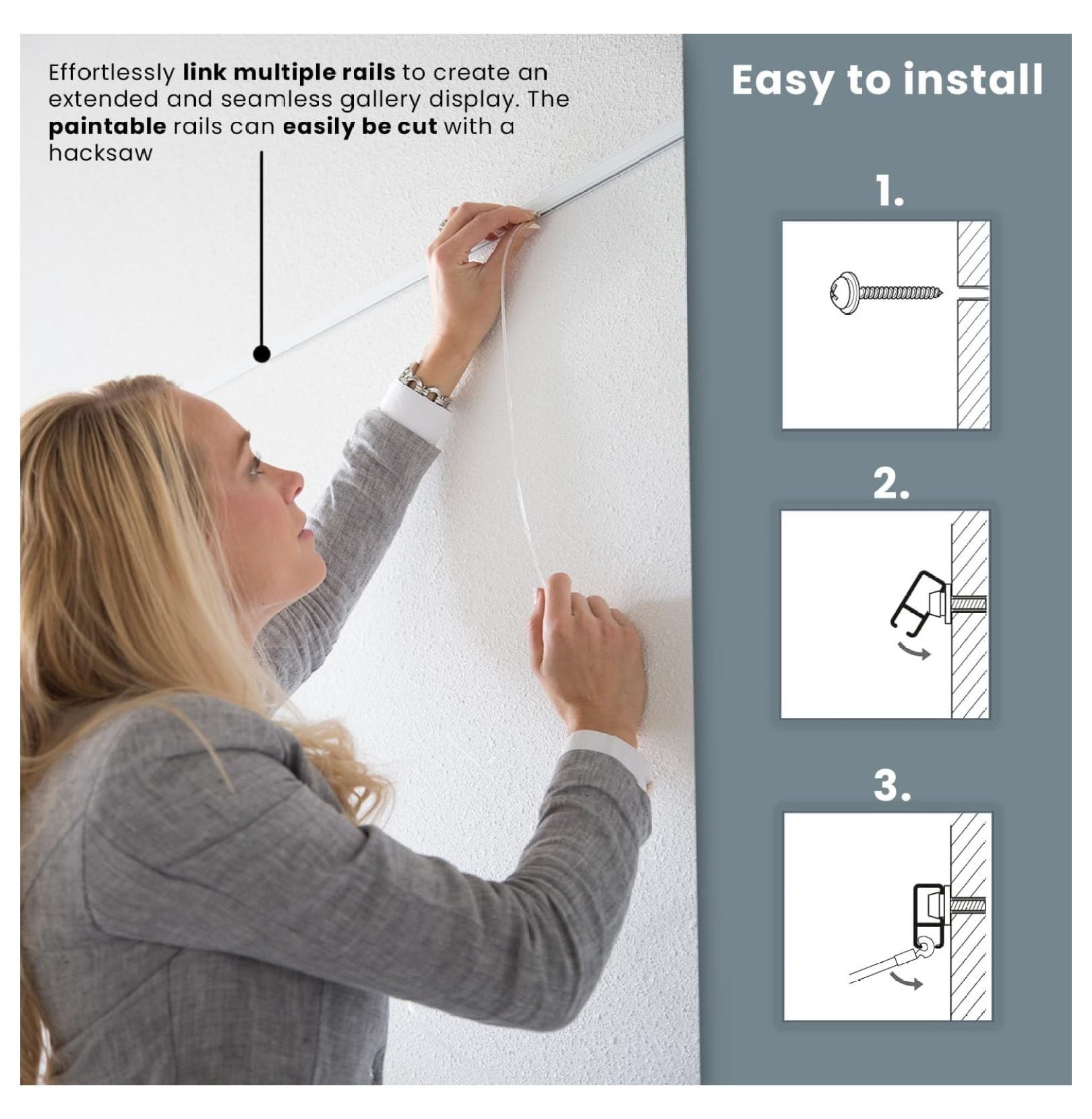 STAS Minirail Picture Hanging System Set - Covers 6.56 ft of Wall Space - Smallest Picture Rail & Art Hanging Kit for Art Display (White Rails, Includes 2 & Cords)