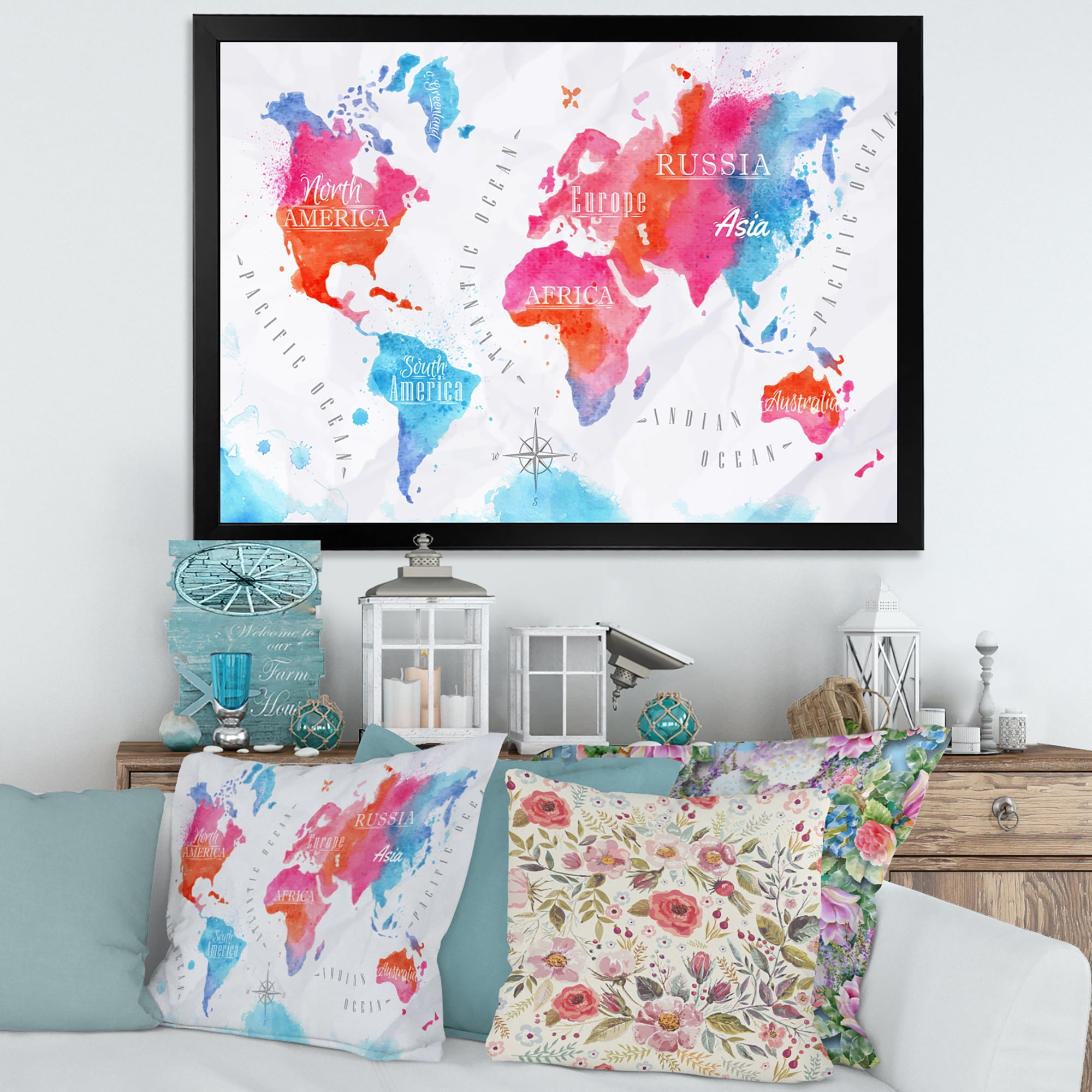 Designart 'World Map In Blue and Pink' Modern Framed Art Print