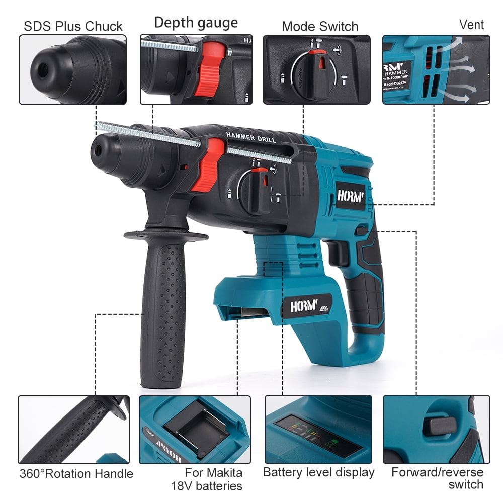 HORMY SDS-Plus Rotary Hammer Drill, 4 Functions Brushless Hammer Drill with Two 3.0A Batteries and 1 Fast Charger for Concrete Rock Floor Tile Removal