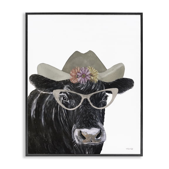 Stupell Industries Eclectic Black Cow in Floral Hat Black Framed Giclee Art, 16 x 20, by Cindy Jacobs