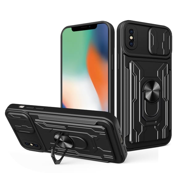 JTCASES for iPhone X/XS Case, Slide Camera Window Card Slot Rotating Ring Bracket TPU Soft Shell & PC Backplane Car Mount Hybird Heavy Duty Shockproof Shell, Black