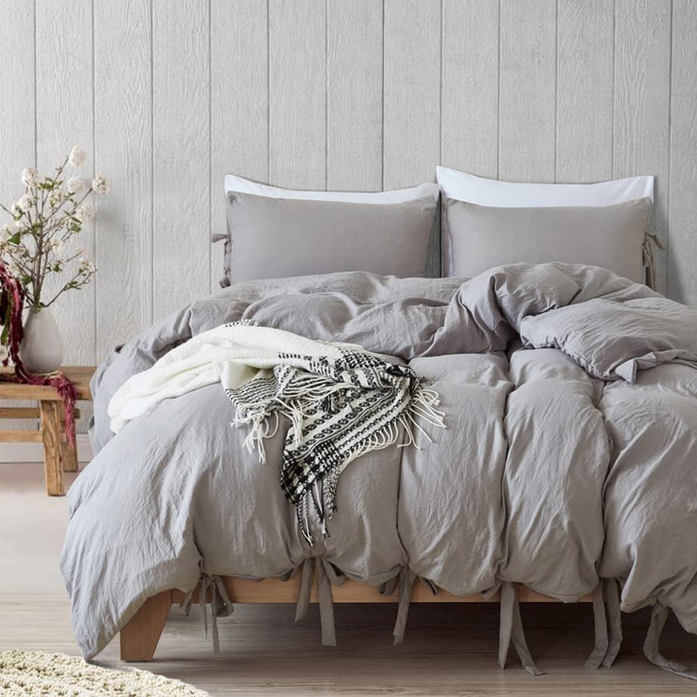 Light Grey Duvet Cover King Size Soft Washed Microfiber Bedding Duvet Cover with Bowknot Bow