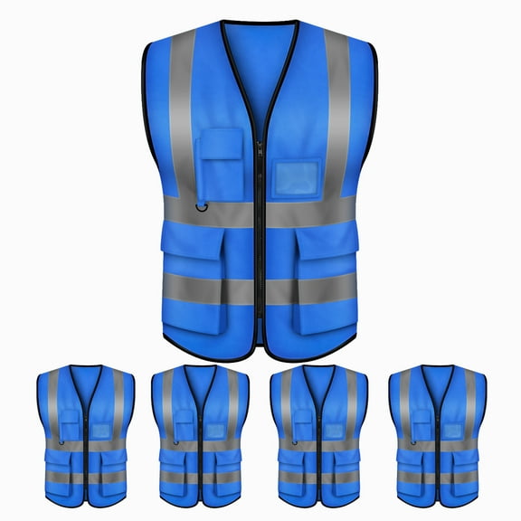 Toptie 5 Packs White Safety Vest, Incident Command Vest with 5 Pockets and High Visibility 2" Reflective Strips-Blue-2XL