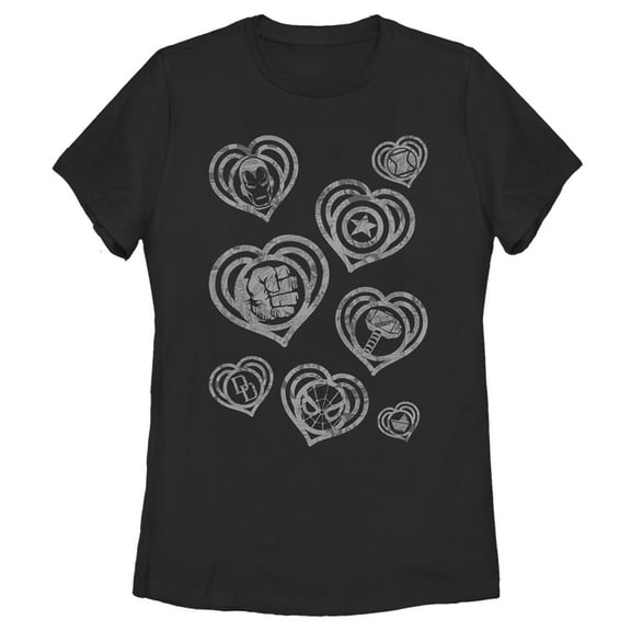 Women's Marvel Hero Icon Hearts Graphic Tee Black Small