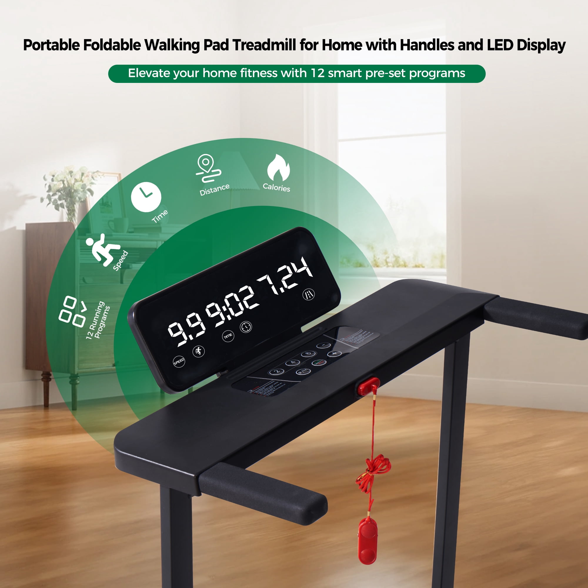 400lbs Portable Folding Treadmill with Handles,3.5HP Compact Walking Pad Treamills for Home Workouts,Running Treadmills with LED Diaplay for Exercise