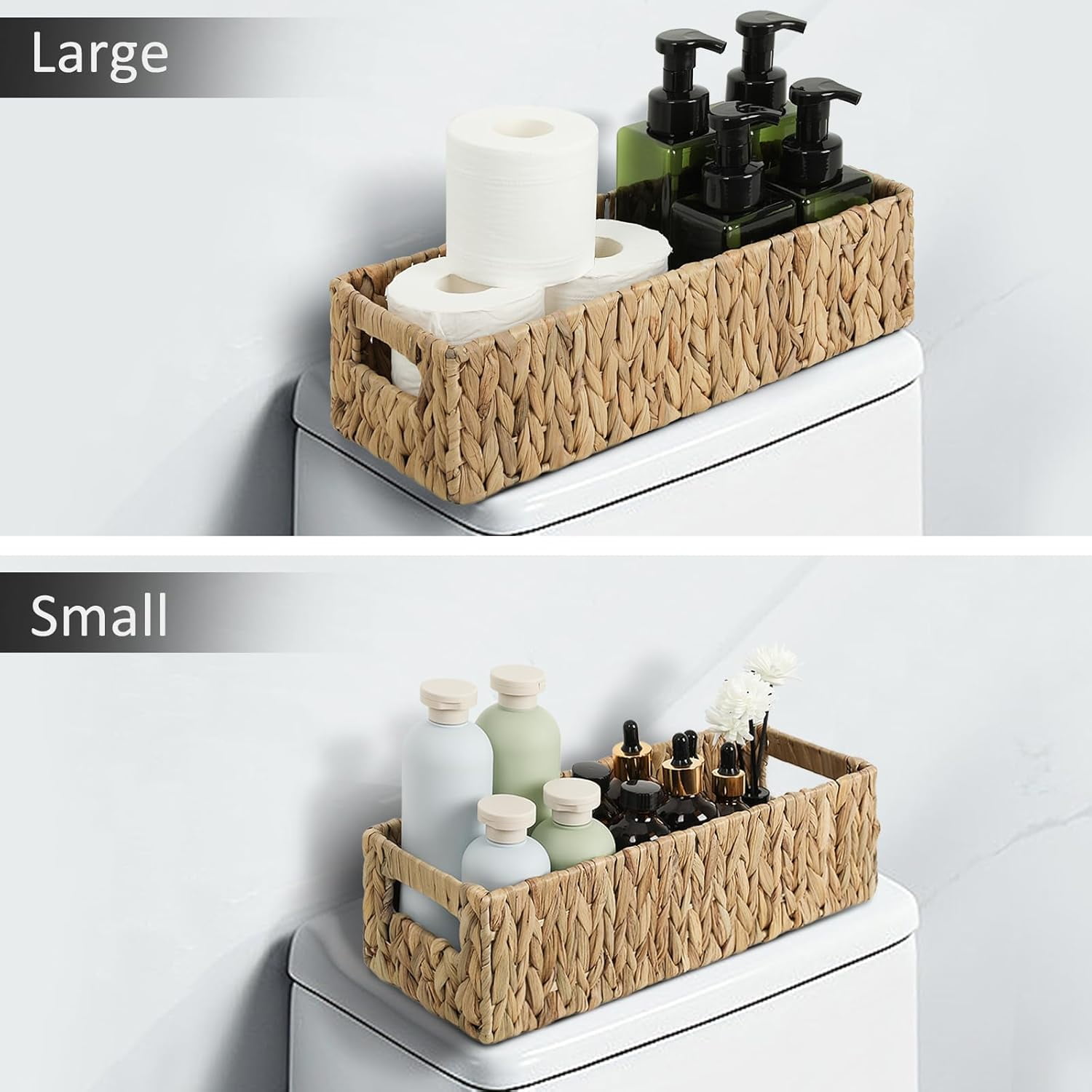 Nesting Small Wicker Basket, Water Hyacinth Toilet Paper Baskets Bathroom Organizer, Woven Long Narrow Baskets, 2 Pack